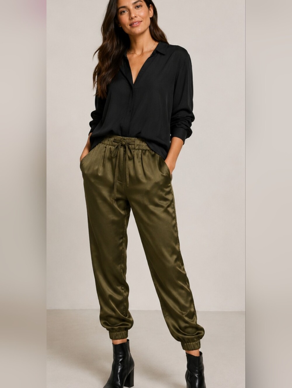 Poleci 100% Silk Army Green Jogger Pants Size 0